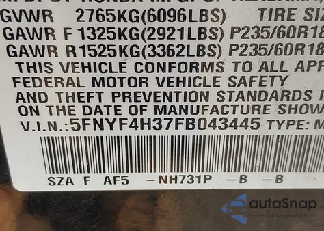 2015 Honda Pilot Se from USA, damaged, VIN 5FNYF4H37FB043445